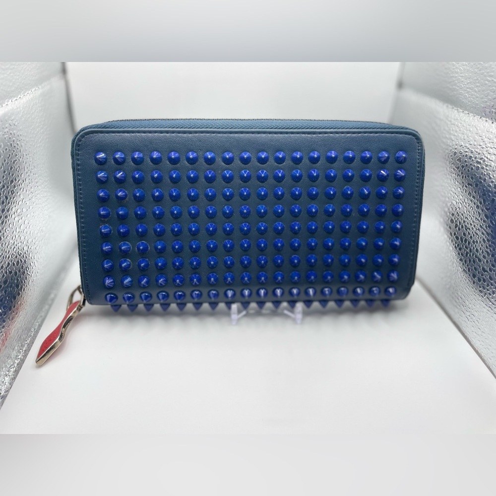 Christian Louboutin Studded Panettone Blue Zip Around Wallet 100% Authentic